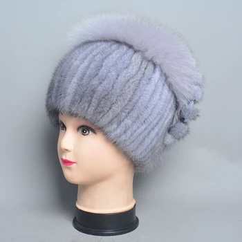 Женские зимние шапки из натурального меха норки, высококачественные вязаные меховые шапки, толстая теплая русская женская шапка