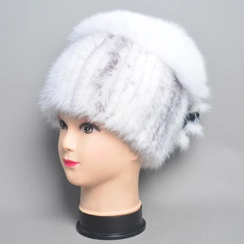 Женские зимние шапки из натурального меха норки, высококачественные вязаные меховые шапки, толстая теплая русская женская шапка