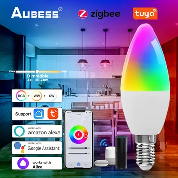 5 Вт Лампочки-свечи Rgbcw С Регулируемой Яркостью Zigbee Smart Lamp Для Alexa Google Home Яндекс Алиса Голосовое Управление Умный Дом E14 Светодиодная Лампа