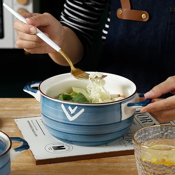 Керамическая миска для лапши быстрого приготовления с крышкой, Японская Бинауральная 6-дюймовая Салатница, Фарфоровый Маленький горшочек для супа, Бытовая посуда, Кухня