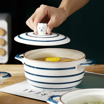 Керамическая миска для лапши быстрого приготовления с крышкой, Японская Бинауральная 6-дюймовая Салатница, Фарфоровый Маленький горшочек для супа, Бытовая посуда, Кухня
