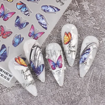 Синие наклейки с бабочками для ногтей, великолепные весенние Бабочки, Белые французские 3D-слайдеры для ногтей, Цветочные крылья, Маникюрные подвески SANO