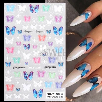 Синие наклейки с бабочками для ногтей, великолепные весенние Бабочки, Белые французские 3D-слайдеры для ногтей, Цветочные крылья, Маникюрные подвески SANO
