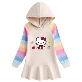 Hello Kitty/ Новое платье для девочек с мультяшным принтом, весенне-осеннее платье из чистого хлопка, радужный свитер с капюшоном и длинными рукавами, милая юбка принцессы