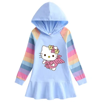 Hello Kitty/ Новое платье для девочек с мультяшным принтом, весенне-осеннее платье из чистого хлопка, радужный свитер с капюшоном и длинными рукавами, милая юбка принцессы