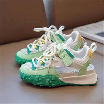 Весенне-летняя Детская обувь из сетчатого материала, Модные Ярко-зеленые Кроссовки Для мальчиков, дышащие крутые спортивные полусапожки