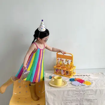 Платье-слинг для маленьких девочек 2023, летняя новинка, Корейская тонкая юбка-радуга, модные детские мягкие платья-жилетки на тонких подтяжках без рукавов
