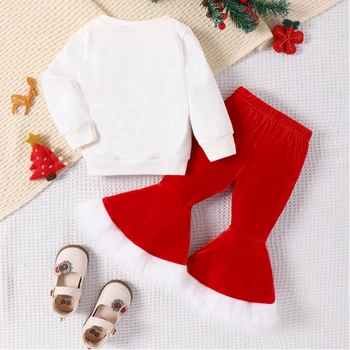 Рождественский комплект одежды для новорожденных девочек, Рождественские брюки-клеш, Топ с длинными рукавами, Расклешенные брюки, 1-й Рождественский наряд