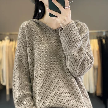 Осенне-зимний новый женский ажурный свитер из 100% шерсти мериноса с капюшоном, корейская версия пуловера, кашемировый свитер, модный топ