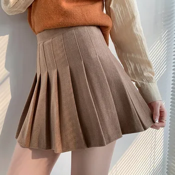 WAYOFLOVE, Осенне-зимние плиссированные юбки трапециевидной формы, Шерстяная тонкая короткая юбка с высокой талией для девочек, Школьная Y2K Kawaii, однотонная плиссированная юбка