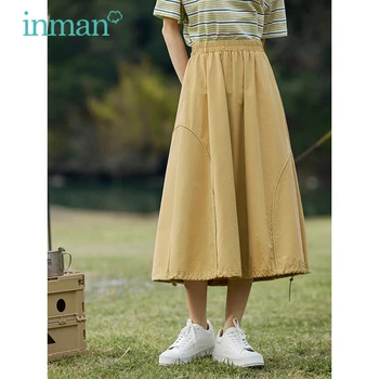 Женская юбка INMAN 2023, Летняя, С эластичной талией, А-образной формы, Свободный подол с завязками, Повседневная, Универсальная, Простая Уличная юбка средней длины